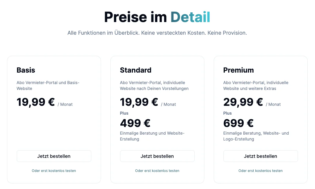 Screenshot der Preisübersicht